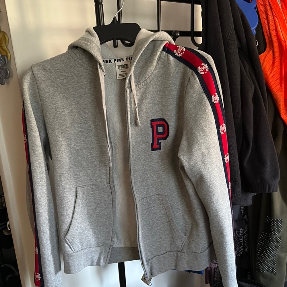 Gray Hoodie with Red and Navy Accents